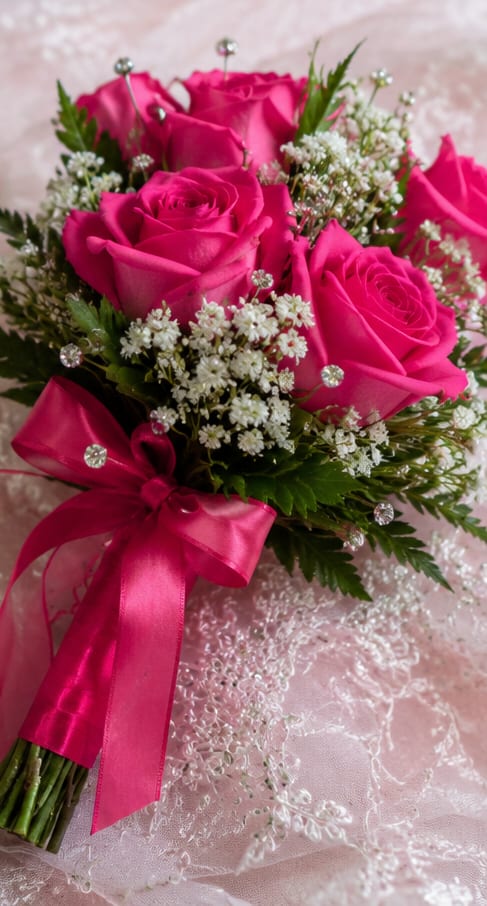 Hot Pink Rose Nosegay - Vivid hot pink roses clustered in a compact nosegay make an immediate, joyful statement-perfect as an anniversary bouquet, a Valentine's Day surprise, or a wedding corsage-style gift that feels both romantic and celebratory. The recipient will notice the saturated pink petals first, then the delicate contrast of white baby's breath and fresh green sprigs that soften the look and give it a light, airy texture.  This hand-tied arrangement is finished with a wide matching satin ribbon around the stems for a polished, keepsake-ready presentation. The bouquet reads small and intimate-easy to hold or set on a bedside table-and highlights roses as the focal flower with subtle filler blooms and greenery for balance. Order as a thoughtful way to say "you're adored"; arrange for delivery or pickup and enjoy simple care: keep stems trimmed and fresh water in a vase to prolong the roses' bright color and fragrance.