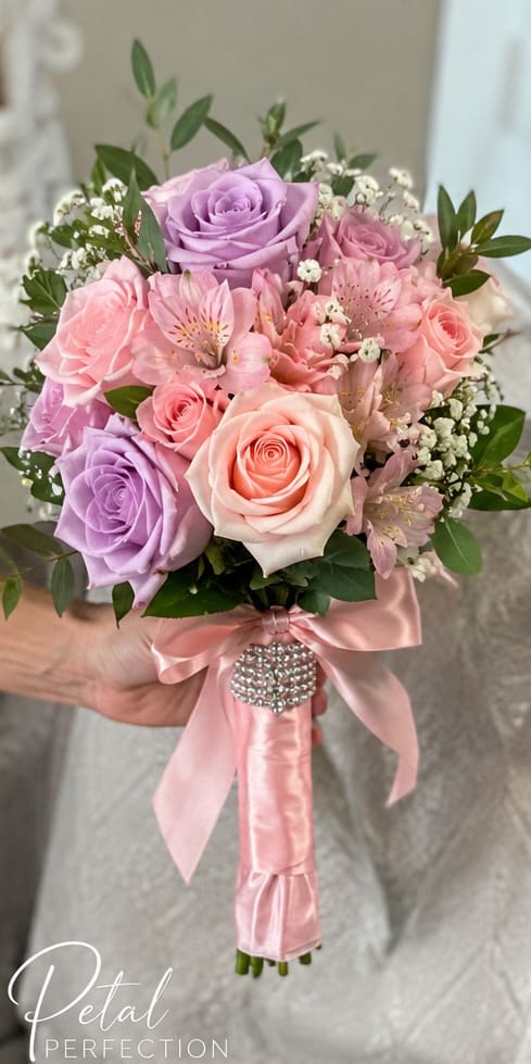 Lavender and Pink Nosegay  - A soft, romantic handheld nosegay in pinks and purples that reads like a pastel love note-perfect as a wedding bouquet, anniversary gift, or special-occasion bouquet. The rounded arrangement of pink, lavender and blush roses paired with soft pink alstroemeria and delicate white filler blooms creates an immediate impression of tenderness; the person you're thinking of will feel cherished and beautifully seen when they hold it.  This bouquet features large roses in pink, lavender and blush tones, accented by clusters of alstroemeria and tiny white filler flowers for texture and depth. The stems are wrapped in a pink satin ribbon and finished with a rhinestone brooch for a polished, formal presentation that complements bridal or celebratory attire. The compact, rounded shape makes it easy to carry and photograph while keeping a classic, feminine silhouette.  Designed for romantic moments-weddings, vow renewals, anniversaries, or an intimate surprise-this nosegay offers an elegant, timeless look that suits both modern and traditional tastes. Order notes: the satin-wrapped handle and brooch arrive ready to carry; treat roses and alstroemeria to fresh water and trim stems if you need to refresh them before the event.