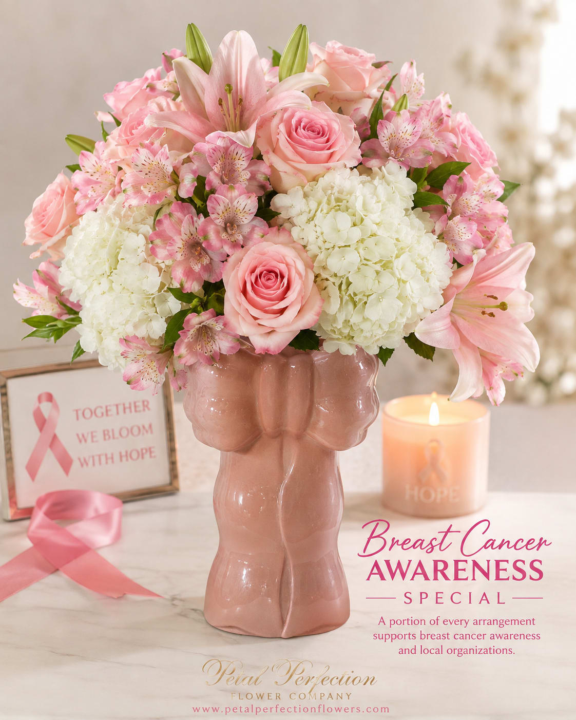 Pink and white floral arrangement in a pink vase with a candle and awareness ribbon