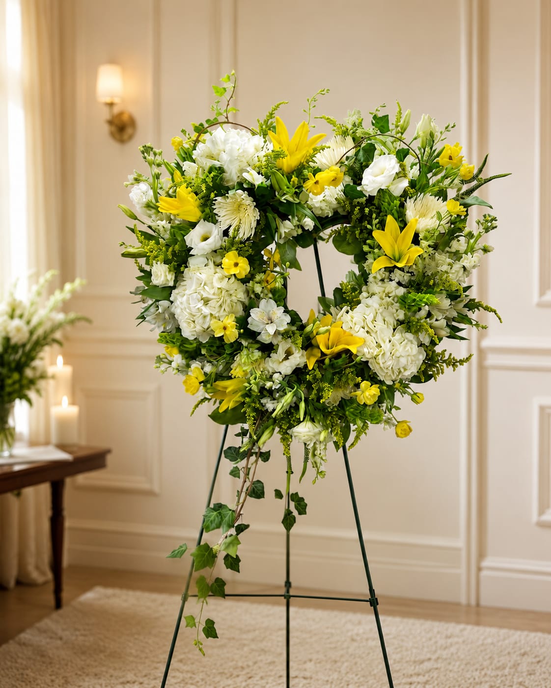 Sunlight Heart Standing Spray - A heart-shaped standing spray that reads as a calm, hopeful tribute - perfect as a sympathy or funeral floral arrangement or a gentle reminder of care for someone you're honoring. The white heart silhouette is outlined with bright yellow blooms and lilies, so the piece reads clearly from a distance and delivers a warm, comforting presence at a service or memorial.  Rounded white hydrangea heads form the soft, full center while clusters of yellow lilies and chrysanthemum-like blooms punctuate the outline for cheerful contrast. Small buds and trailing ivy extend from the lower point of the heart, adding delicate movement and a natural, graceful finish. The combination of soft textures and sunny yellow accents creates an uplifting yet respectful palette.  Choose this spray to express remembrance, sympathy, or heartfelt affection - it's the kind of tribute that helps the recipient feel seen and supported. Designed for standing display, it arrives ready to place at a graveside or service; light misting of the blooms and keeping them cool will help maintain freshness.