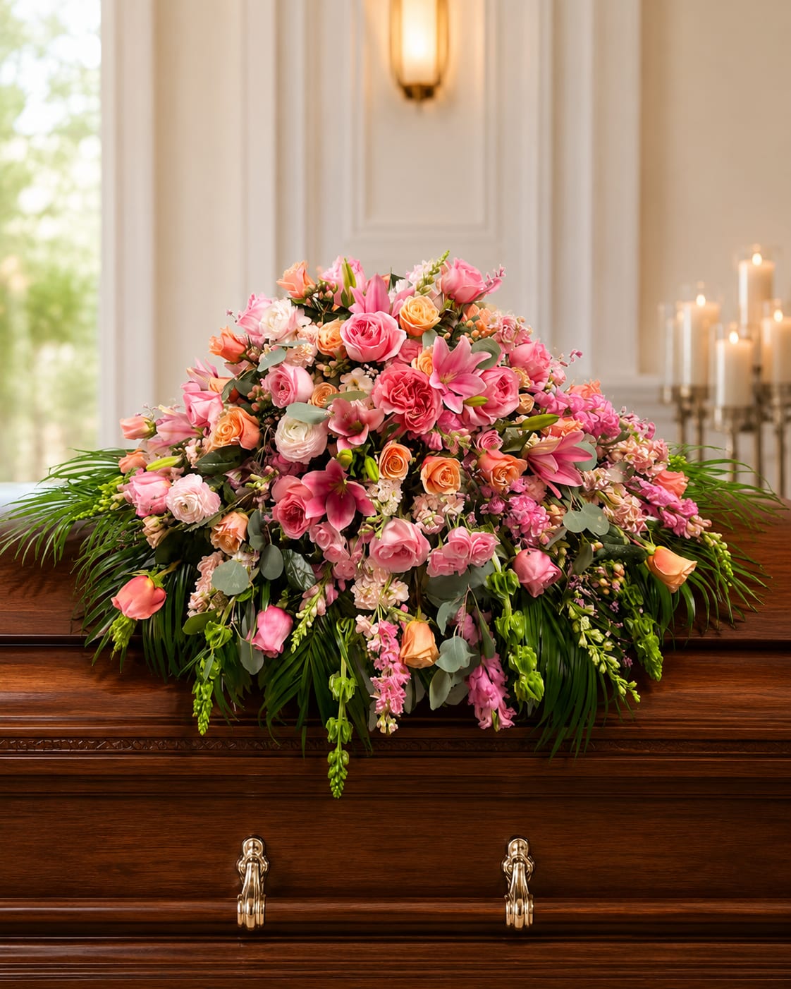 Perfectly Pretty in Pink Casket Piece  - Soft mounds of pink and peach roses meet trumpet-shaped lilies in a low, elongated spray that feels both romantic and quietly uplifting - ideal as a funeral or sympathy casket piece that honors a life with gentle color and graceful lines. Designed as a triangular mound with a cascading outline, this sympathy and memorial arrangement reads respectfully from front to back while still feeling warm and personal for the person you're remembering.  This arrangement features roses in varying shades of pink and peach, fragrant lilies, snapdragons and smaller filler blooms for texture, all set against tall Bells of Ireland and broad palm fronds that frame and extend the composition. The palette of pink, peach, green and touches of white creates soft contrast and visual depth; the design is densely packed and low-profile to sit comfortably on a casket or as a horizontal display.  For memorial services or to send condolences, this piece conveys tenderness and thoughtful presence - the kind of tribute that helps the recipient feel seen and supported. Sized as a substantial, elongated spray, it's ready to place on a casket or use as a prominent tabletop display; standard care is to keep flowers in a cool spot and away from direct sunlight until delivery.
