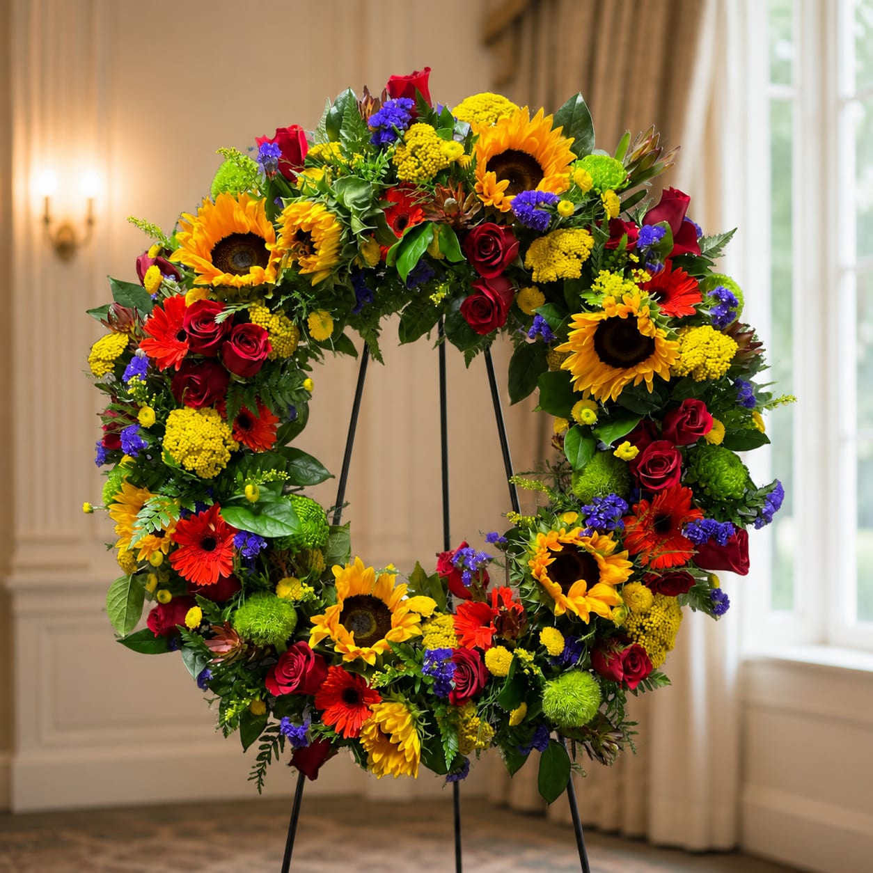 Vincent’s Sunflowers Standing Wreath - A ring of bold sunflowers greets the eye - a cheerful, garden-style sympathy wreath designed to celebrate a life with warmth and color. This flower arrangement for funerals and memorial services places the product type and occasion up front so loved ones immediately know its intent: a standing wreath that offers a bright, uplifting tribute rather than a somber one.  Densely packed around the circular frame, large sunflowers are anchored by clusters of red roses and orange gerbera daisies for striking contrast. Rounded yellow and green chrysanthemums and small purple filler blooms add texture and depth, while touches of blue and other seasonal flowers soften the palette for a balanced, vibrant look. The wreath reads lively from a distance yet reveals rich detail up close - ideal for display at a service or beside a gravesite.  Made to be seen and remembered, this standing wreath brings a message of celebration and comfort to the person you're honoring. Its strong primary and warm colors suit late spring through autumn settings but remain appropriate year-round when you want to convey brightness and remembrance.