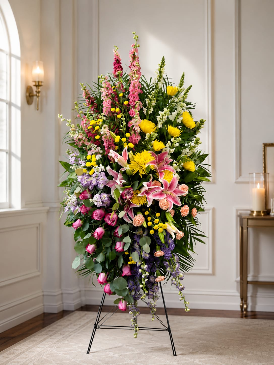 Lilies and Blooms Standing Spray - A tall oval standing spray of pink lilies, yellow chrysanthemums, and stately snapdragons creates an uplifting focal tribute perfect for sympathy and funeral services. This flower arrangement's vertical silhouette - tapering at the top and gently spilling downward - reads as both graceful and hopeful, the kind of display that helps the person you're honoring feel seen and remembered.  Clusters of bright yellow button chrysanthemums and full yellow mums are woven with pink lilies, soft pink roses, and tall lavender and white snapdragon spires, with touches of small purple and white filler blooms for texture. Mounted on a slender metal easel, the arrangement stands prominently at ceremonies or beside a gravesite; the vivid palette of pink, purple, white, lavender and yellow offers warmth without overwhelm.  Choose this standing spray when you want a formal, comforting statement for a memorial or to express sympathy-an arrangement meant to bring a moment of light to those gathered. The metal easel is included for easy display; for best appearance keep blooms out of direct heat and follow any local florist guidance for delivery timing to ensure the spray arrives fresh for the service.