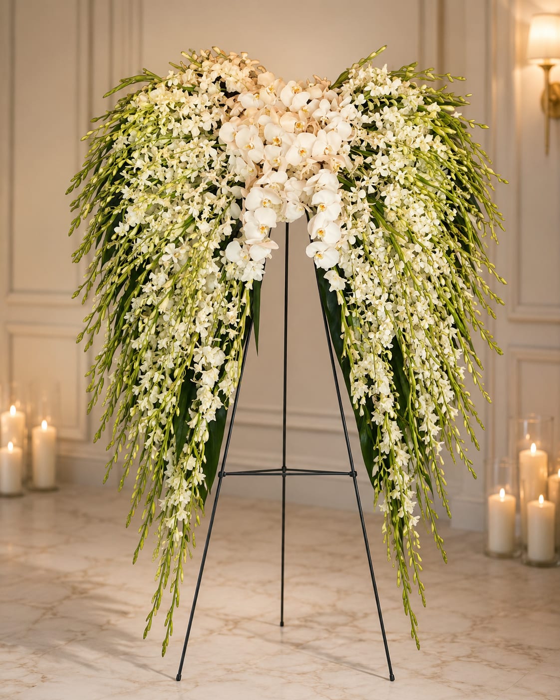 The Wings of Angels Standing Spray by Master Designer Bryan Miller Joned - A sweeping pair of angel wings formed entirely from cascades of white orchids creates an unforgettable sympathy standing spray perfect for a funeral or memorial service. The Wings of Angels arrangement uses white and green tones to convey calm and reverence, offering the person you're honoring a serene, ethereal tribute that reads beautifully from a distance whether displayed as a ceremony backdrop or mounted on a memorial wall.  Compact clusters of white Phalaenopsis orchids anchor the upper center while long, graceful sprays of Dendrobium orchids sweep outward and downward to imitate feathered wings. The predominantly white palette, accented by the natural green of stems, emphasizes texture and movement-glossy Phalaenopsis blooms and delicate, elongated Dendrobium stems combine to catch light and add quiet dimension. The design is large and wall-oriented, intended to make a strong visual statement at services and commemorations.  Choose this standing spray when you want the recipient's memory to be honored with dignity and beauty-the kind of tribute that helps mourners feel seen and comforted. Because it's made of fresh orchids, keep the arrangement out of direct heat and mist lightly if directed by staff; our team will ensure professional delivery and proper installation for ceremony display.