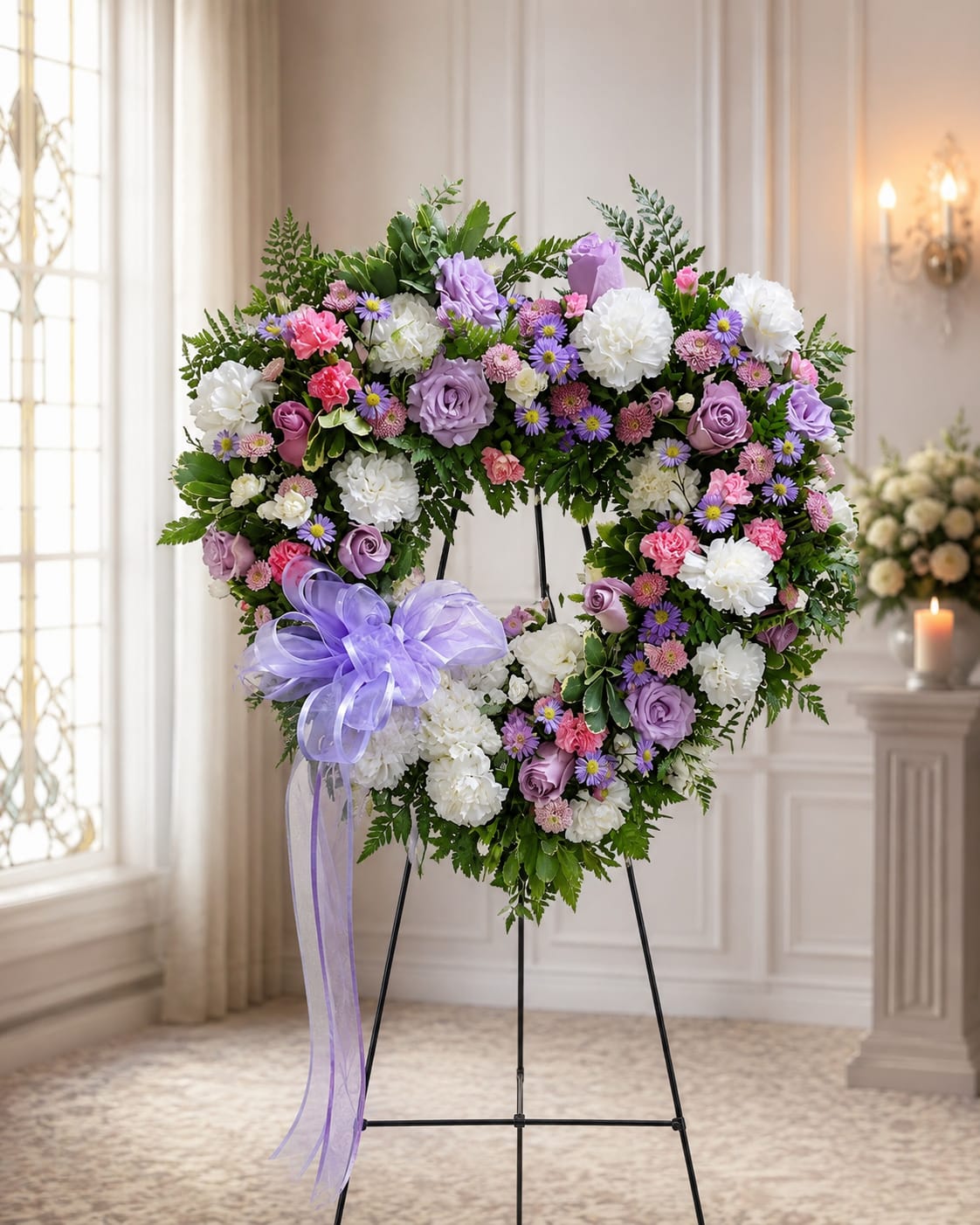 Petal Perfection’s Lavish Lavender Love Heart Standing Spray - A tender heart-shaped standing spray in soft purples and pastels that gently honors a loved one-the perfect sympathy arrangement for a funeral or memorial service. The Lavish Lavender Love Heart standing spray uses lavender roses and spray roses alongside white carnations and dainty pink and white asters to create a comforting, serene presentation that reads as both graceful and heartfelt for remembrance.  Densely arranged for full coverage, the wreath-shaped spray measures as a prominent tribute and is accented with a large sheer lavender ribbon bow with long trailing tails on one side for a formal finish. The mix of rose textures, the ruffled carnations, and the petite aster blooms give the piece visual depth and a soft, calming palette of purple, lavender, white, pink, and green foliage that complements traditional service settings.  Intended to convey sympathy and support, this heart standing spray sends the message that the person you're thinking of is remembered and cherished. Order with delivery timed to the service; stems are arranged on a supportive foam base and should be kept cool and out of direct sun to preserve freshness until placed at the memorial.