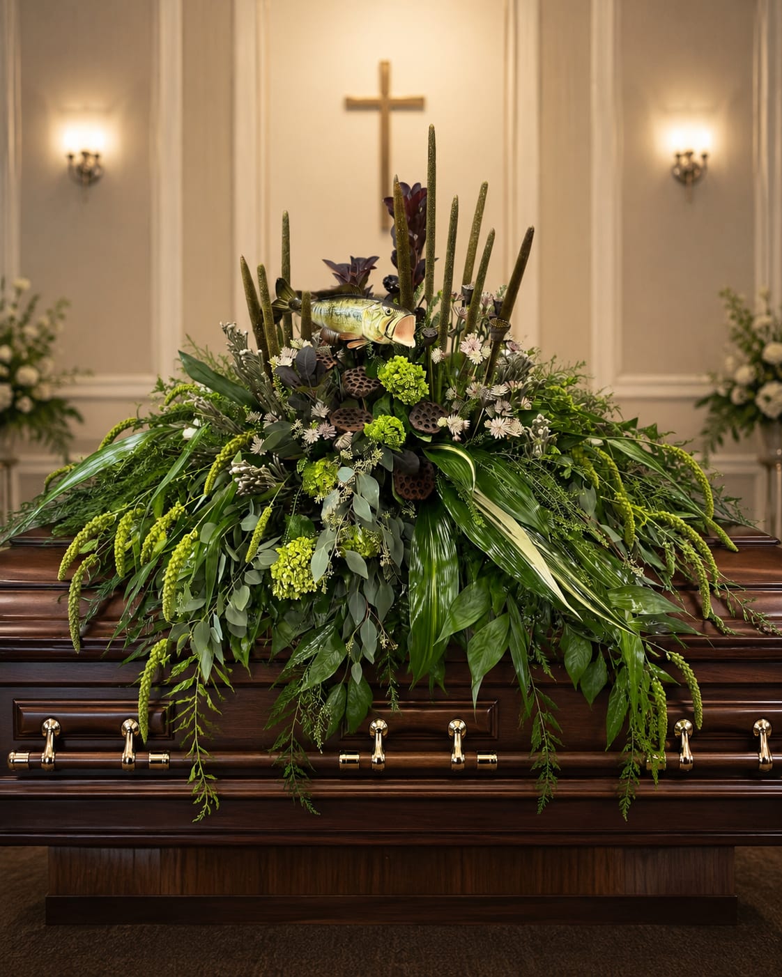 Gone Fish’n Casket Piece  - A mossy, pondside statement crafted for a fisherman's memorial-this sympathy flower arrangement places layered green foliage and natural textures center stage to evoke quiet water and shaded banks. The design works as a casket spray or standing piece for a funeral, honoring someone who loved the outdoors with a tranquil, masculine presence that feels personal and respectful.  Tall upright spikes rise from the heart of the composition, surrounded by clusters of small pale blooms and textured seed pods in soft white and muted purple that add depth without overpowering the greenery. A realistic decorative fish figurine is nestled into the greenery to reinforce the fishing theme; the overall silhouette is wide and gently cascading, suggesting a natural mound of pondside plants.  Ideal for families seeking a nature-inspired tribute, this piece conveys peaceful remembrance and the comfort of shared outdoor memories. Sized to cover a casket or to serve as a prominent memorial display, it arrives ready to place; keep in a cool spot away from direct sun to preserve the fresh foliage for services.