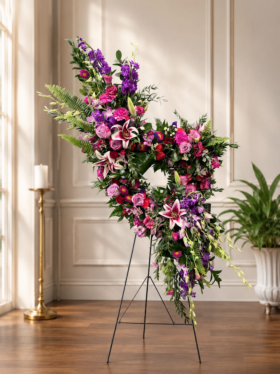 Petal Perfection’s All of my Heart Standing Spray - A lush crescent of pink lilies and roses shapes this standing spray into a reverent tribute that speaks directly to the heart. As a sympathy and funeral arrangement, the vertical, open-wreath design and jewel-toned palette of red, purple, lavender, and white create a dignified, comforting presence that helps the person you're honoring feel remembered and cherished.  The spray pairs fragrant, open lilies with classic roses, spray roses, and tall stock for texture and vertical movement; clusters of red and purple blooms give depth while touches of peach, yellow, and orange warm the composition. The asymmetrical layout features a full crescent of blooms on one side and a cascading tail of flowers and foliage that trails downward, all secured on a sturdy metal easel stand to lift the arrangement with formal ceremony.  Perfect for memorial services or as a standing tribute delivered to a funeral home, this arrangement conveys sympathy and respect without words-she'll feel genuinely seen and comforted. The design arrives ready to display on the included easel; for best longevity, keep away from direct heat and out of drafts so the lilies and roses stay fresh through the service.