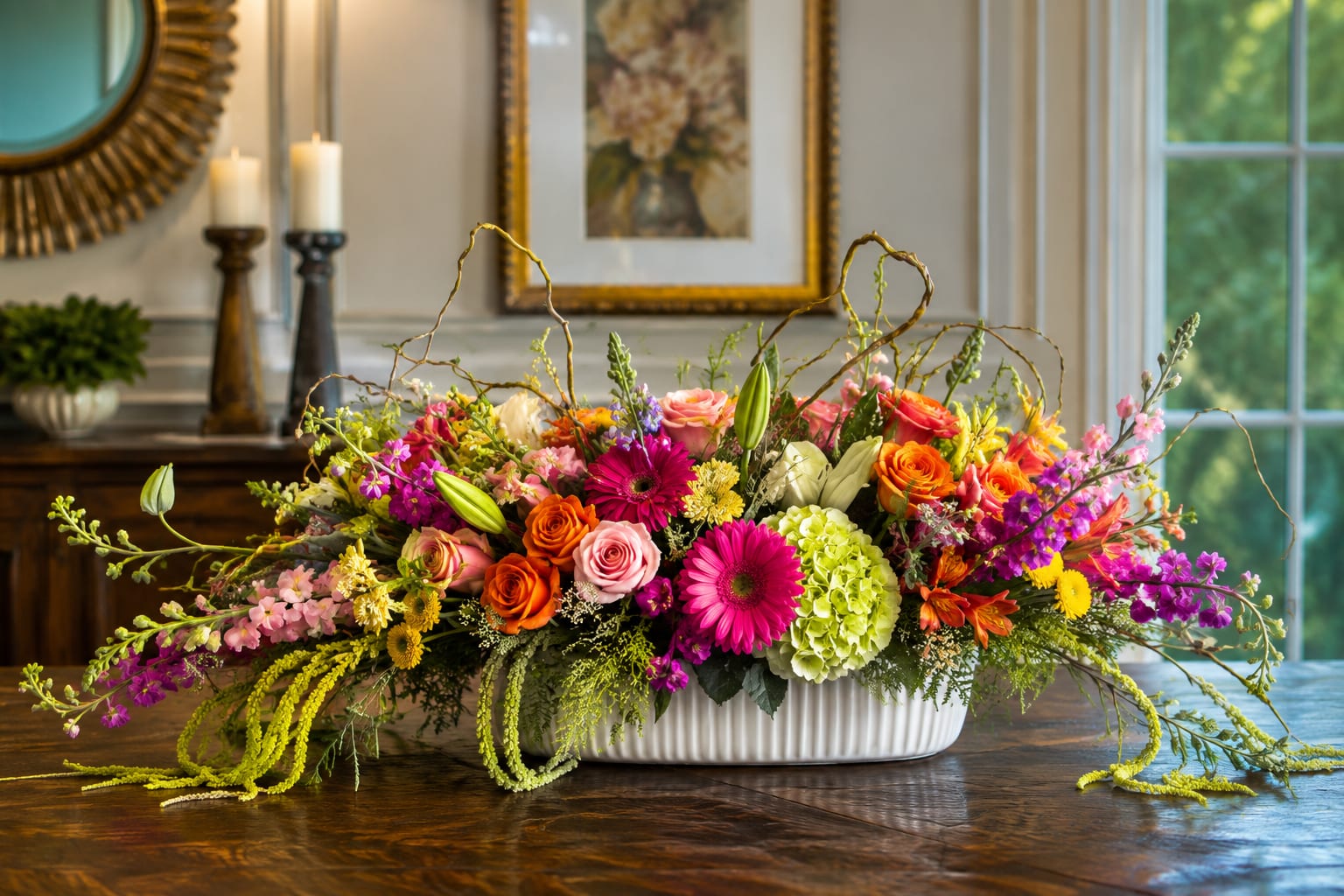 Abundance of Flowers Centerpiece  - A long, low centerpiece awash in vivid pinks, purples, yellows and pops of orange and blue-this banquet-style floral runner is designed to make a reception table feel instantly celebratory. Perfect as a wedding table centerpiece or for an upscale event, the horizontal composition keeps the view clear across the table while the lush, densely packed blooms give the person you're honoring a dramatic, luxurious moment in the spotlight.  Roses, lilies, hydrangeas and daisy-like flowers are layered tightly in a low rectangular container to create texture and depth: soft hydrangea clusters, sculpted rose heads, trumpet-shaped lilies and cheerful daisy blooms mingle for a rich palette. Glass candle holders with candles are included to add warm glow and sparkle among the flowers, enhancing the colors and giving the arrangement a formal, elegant presence.  Made to sit along the center of a banquet or head table, this arrangement comforts and celebrates the recipient-she'll feel truly seen by an installation that reads as both abundant and intentional. The low profile preserves conversation and sightlines; please specify table length when ordering so we can size the runner appropriately.