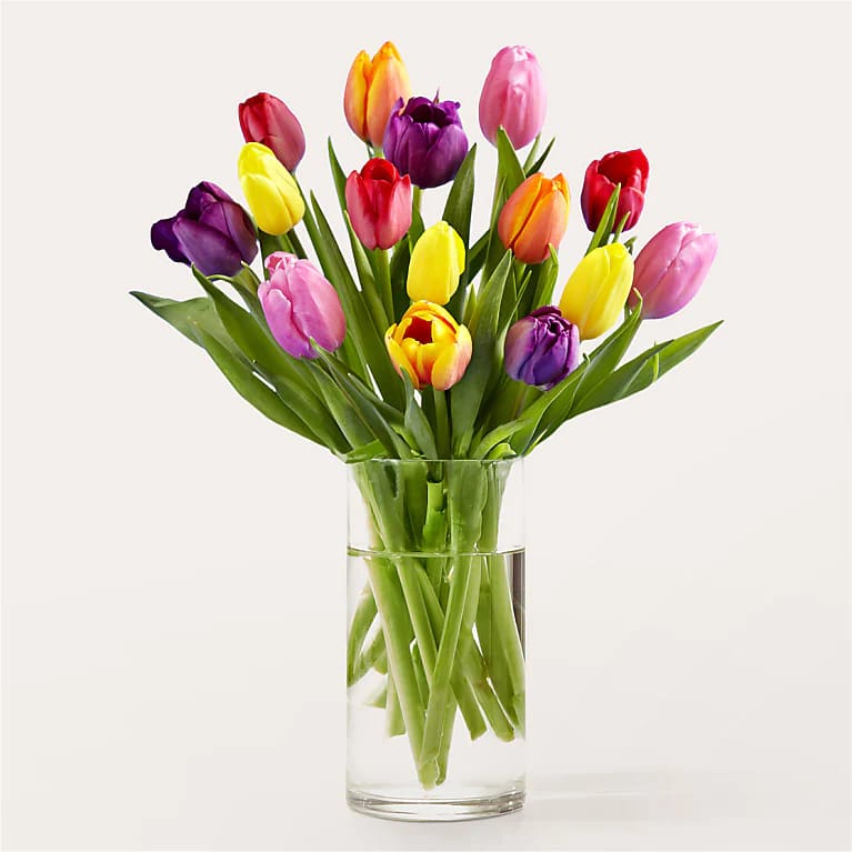 Colorful tulips arranged in a clear glass vase