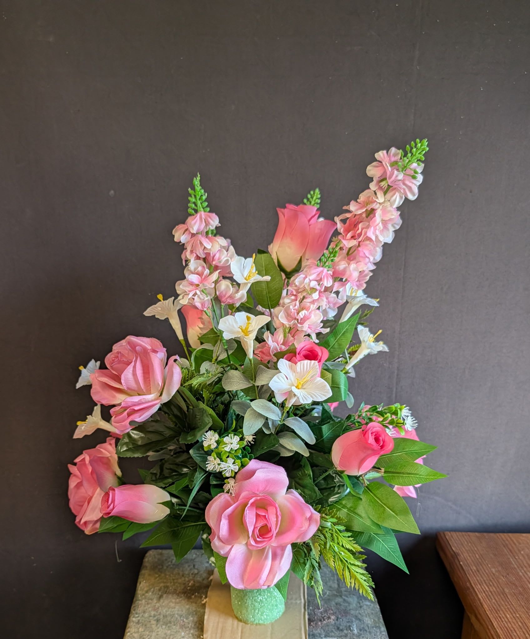 Cemetery Flower Cone - Blushing Blooms  - This permanent flower botanical arrangement is sure to compliment the gravesite of your loved one.