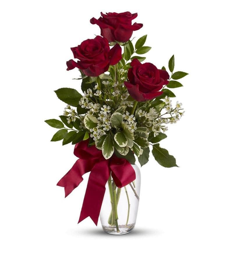 Three red roses in a clear glass vase with a burgundy ribbon
