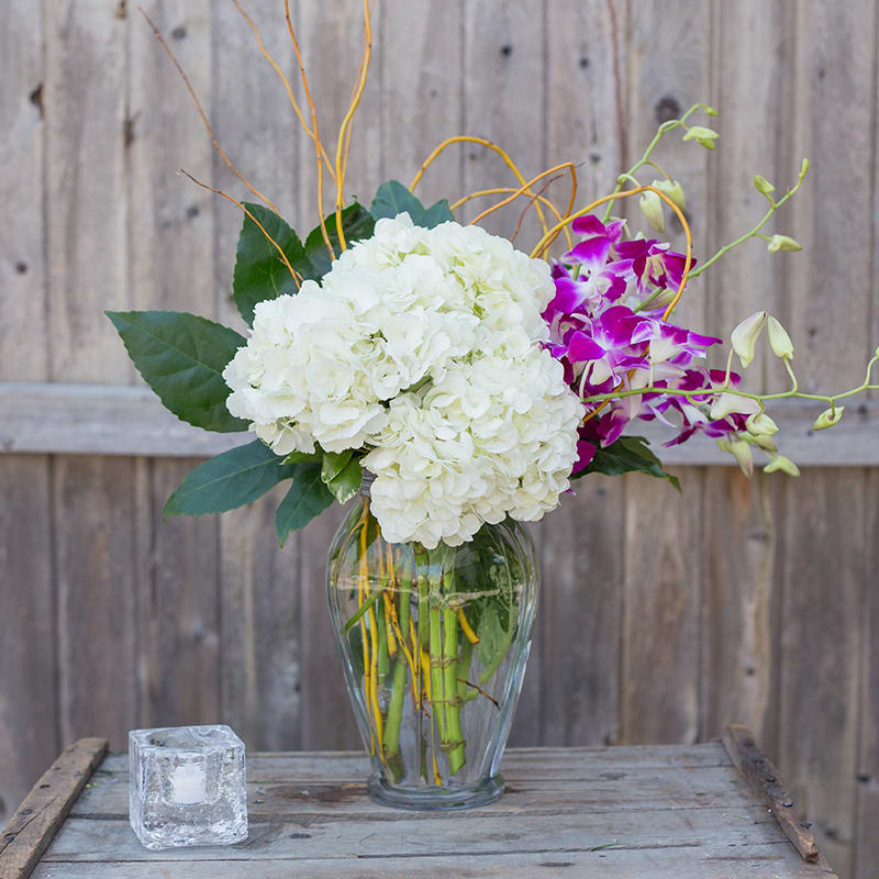 White hydrangeas and purple orchids in a clear glass vase