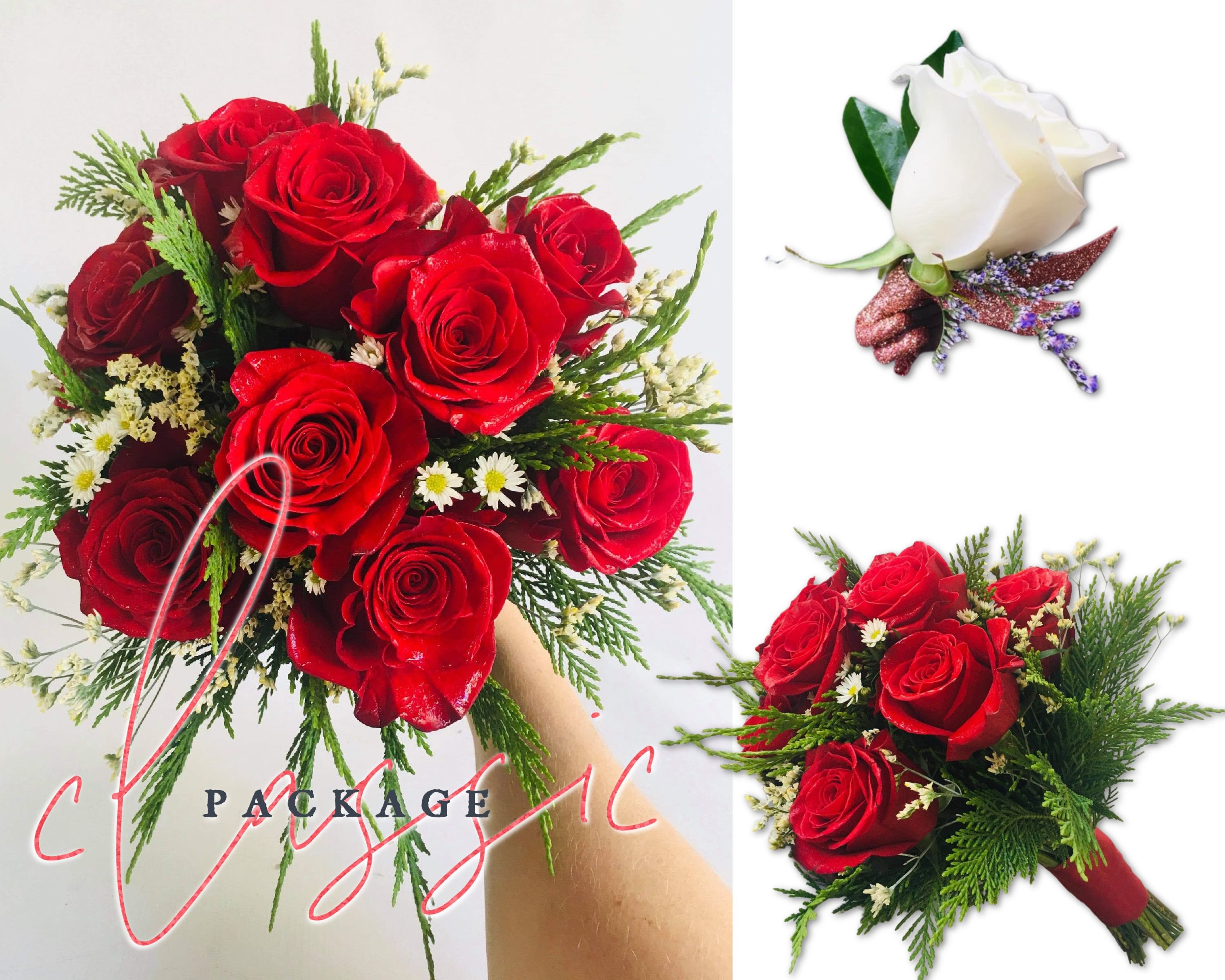 Red rose bouquet with greenery and small white filler flowers