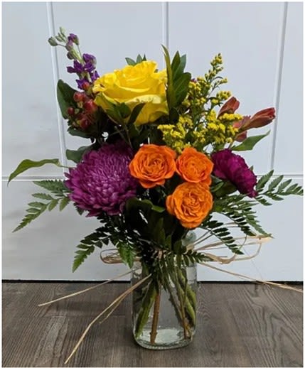 Everything Nice - Jar vase, includes mums, roses, alstroemeria, stock , carnations and greens