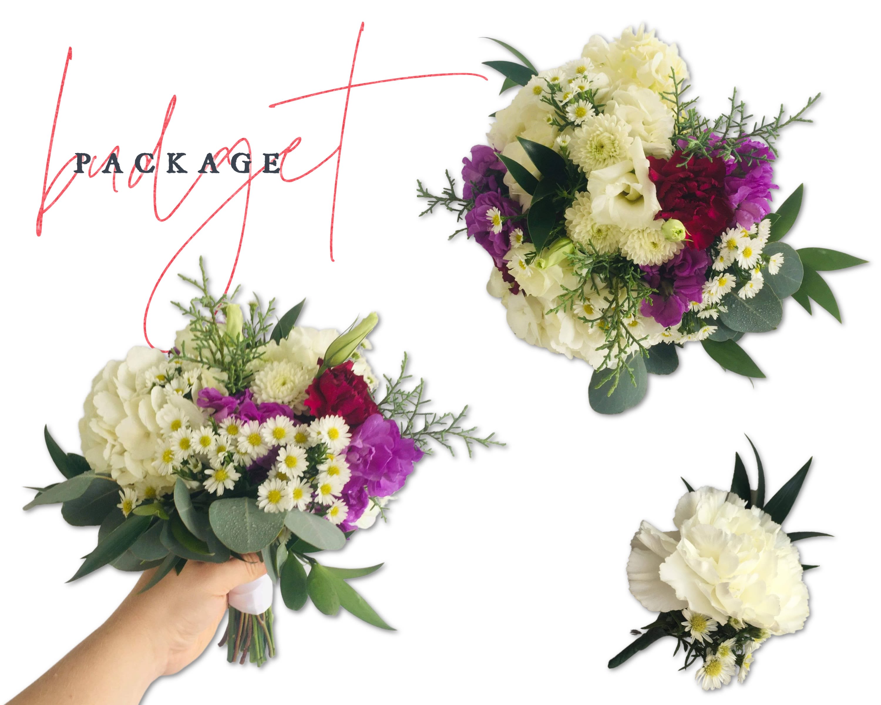 Bouquet and boutonniere with white, purple, and red flowers