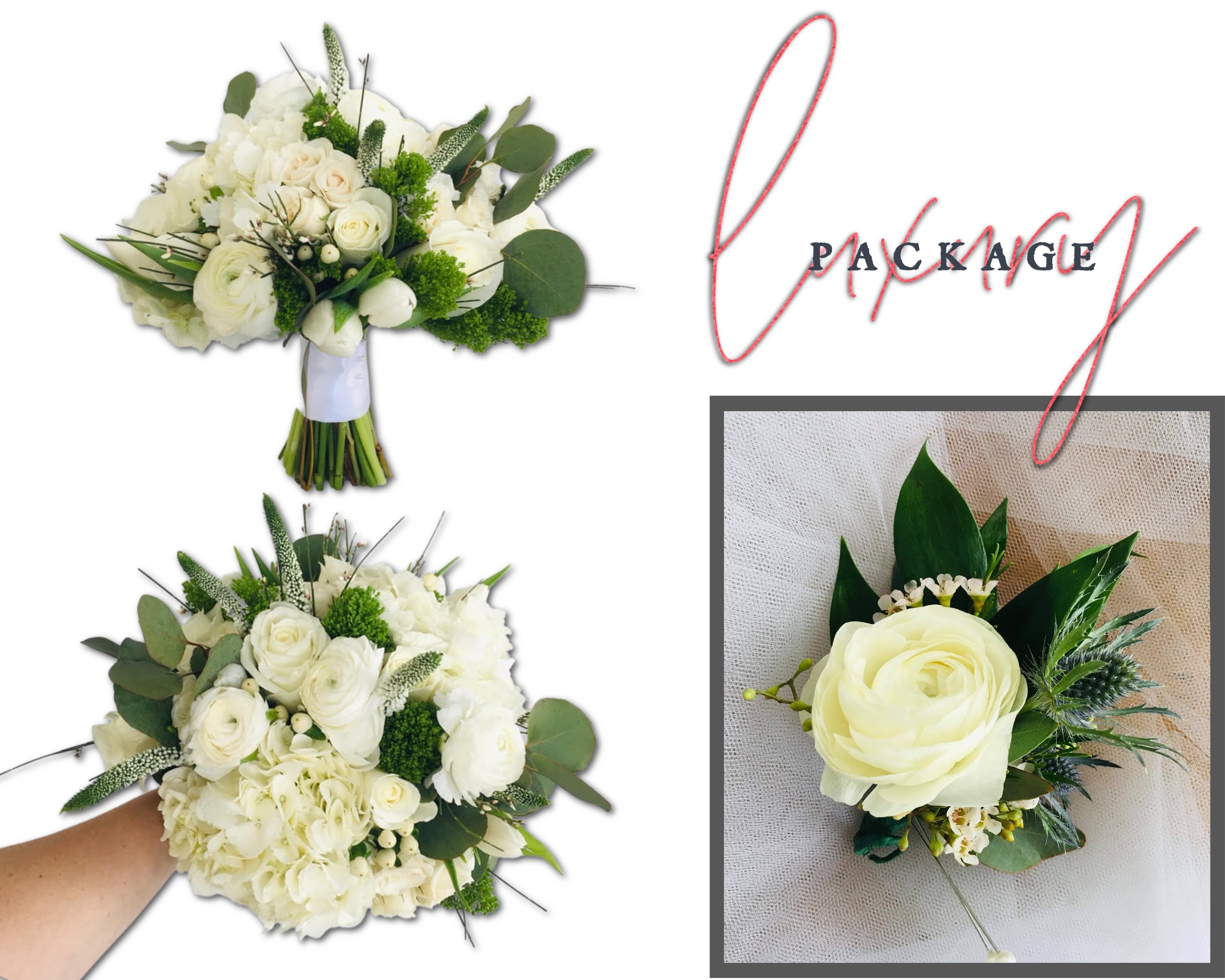White rose bouquet and matching boutonniere with green accents