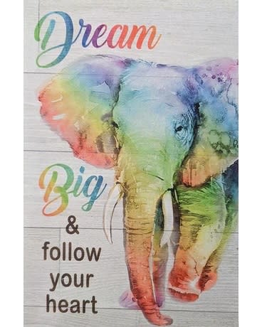 Colorful rainbow elephant wall art with the words Dream Big and follow your heart