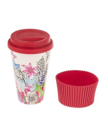 Floral-patterned travel cup with a red lid and matching red silicone sleeve