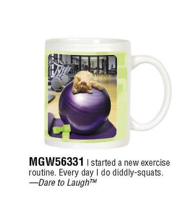 White mug with picture of a cat lying on a purple exercise ball in a gym and a humorous workout quote.