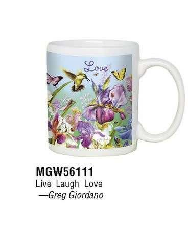 White mug with colorful irises, butterflies, and a hummingbird around the word Love.
