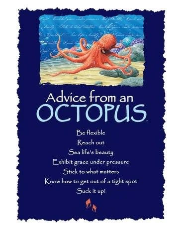 Blue poster with an octopus illustration and advice text