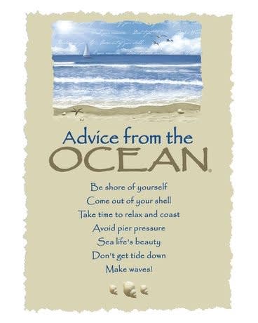 Beach-themed wall art with an ocean scene and blue inspirational text titled Advice from the Ocean.