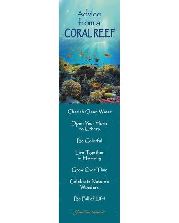 Tall bookmark with coral reef illustration and inspirational ocean-themed text.