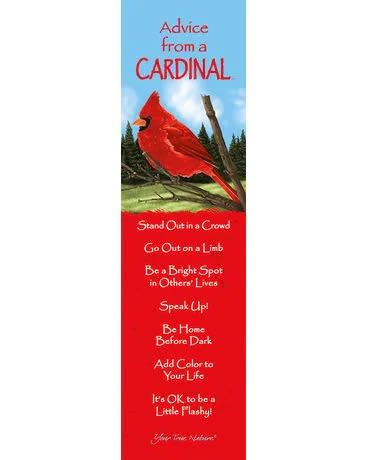 Tall red bookmark with a cardinal illustration and inspirational sayings