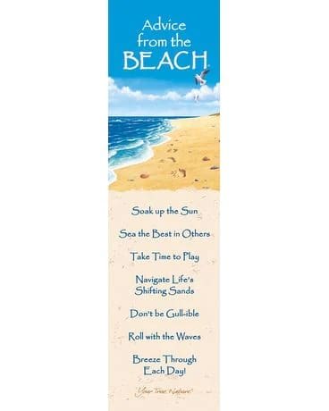 Beach-themed bookmark with ocean and sand illustration and inspirational text