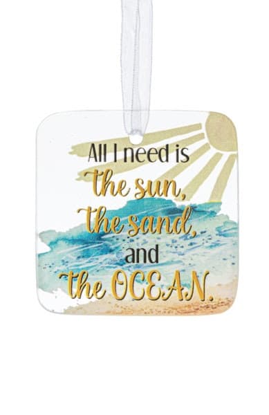 Square hanging beach-themed sign with sun, ocean, sand art and a beach quote in cursive text.