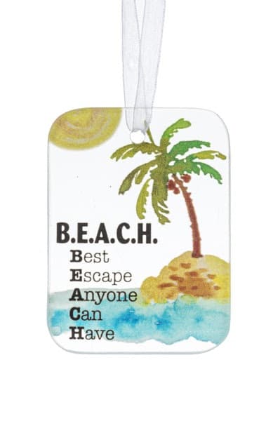 Rectangular beach-themed hanging tag with palm tree and B.E.A.C.H. quote