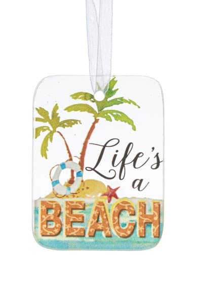 Rectangular beach-themed hanging ornament with palm trees and 'Life's a Beach' text
