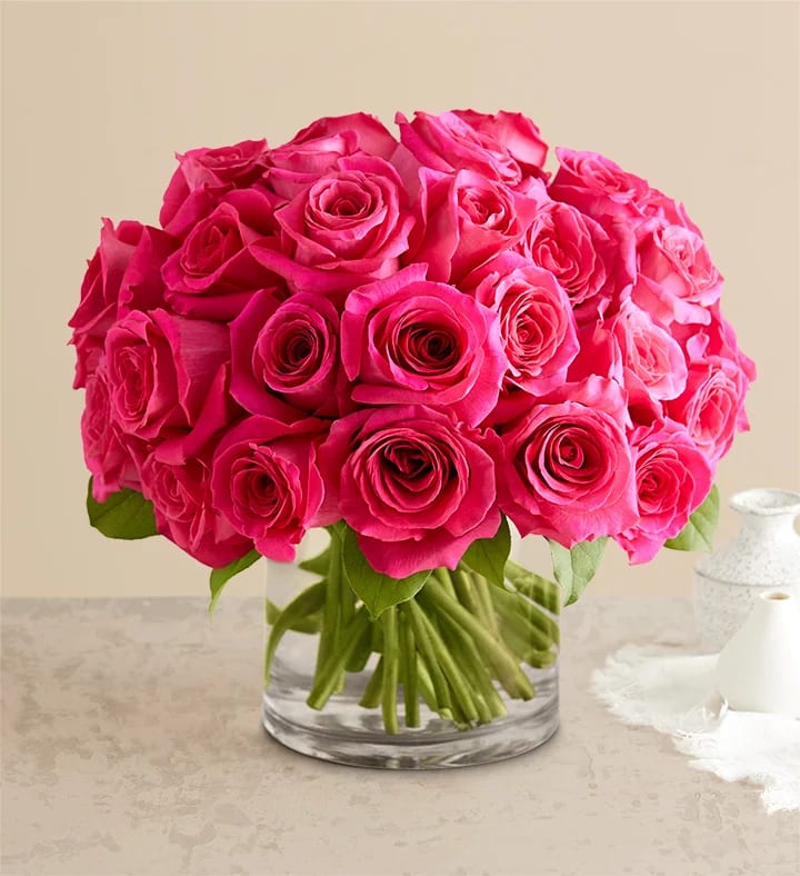 Bright pink roses arranged in a clear glass vase