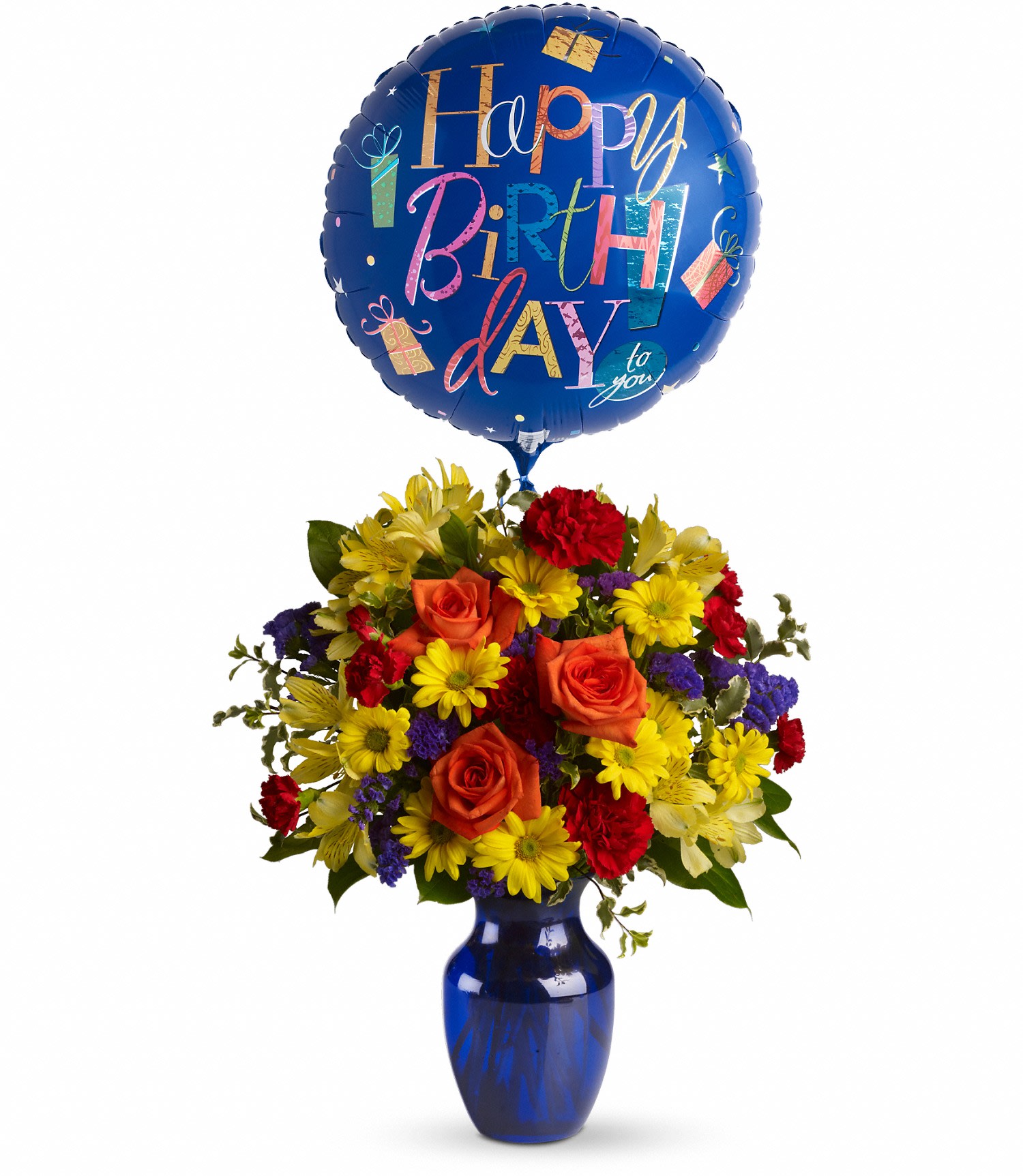  Birthday BOUQUET - Brilliant orange roses, yellow alstroemeria, red carnations and miniature carnations, yellow daisy spray chrysanthemums, purple statice and a big bright balloon are all delivered in a beautiful cobalt blue vase. It's a thumbs-way-up choice in birthday gifts! Approximately 16 3/4" W x 19 1/4" H  T24-1A