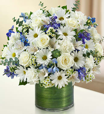  Blue and White - Product ID: 95409    gathering of roses, delphinium, alstroemeria, carnations and daisy poms is elegantly arranged in a stylish cylinder vase blue and white arrangement of roses, delphinium, alstroemeria, carnations, daisy poms and monte casino, gathered with variegated pittosporum and spiral eucalyptus Hand-designed by our expert florists in a stylish clear glass cylinder vase wrapped with a Ti leaf ribbon; vase measures 6"H  Large arrangement measures approximately 16"H x 17"L Medium arrangement measures approximately 15"H x 16"L Small arrangement measures approximately 14"H X 15"L Our florists hand-design each arrangement, so colors, varieties, and vase may vary due to local availability