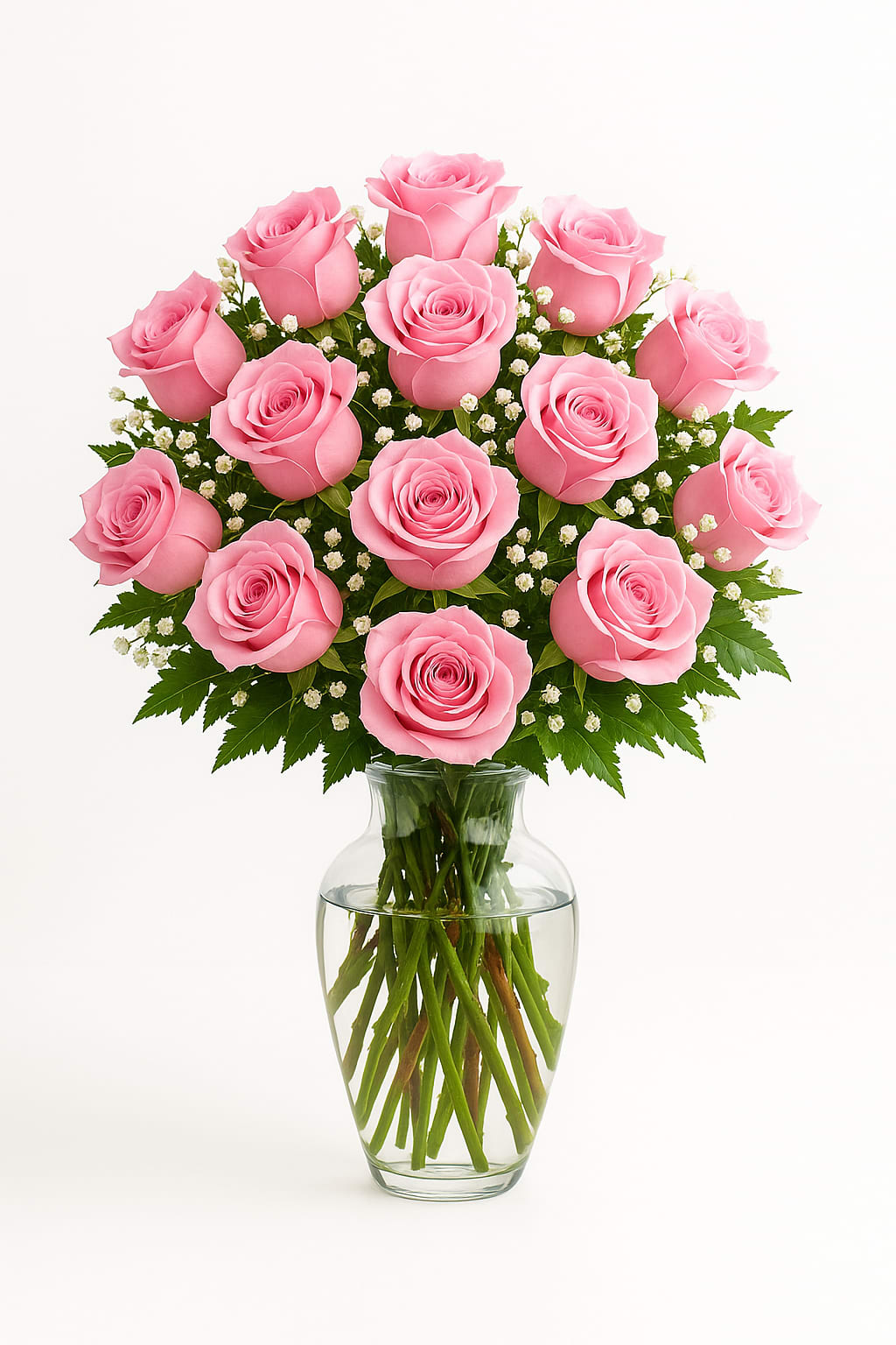Pink roses arranged in a clear glass vase with small white filler flowers