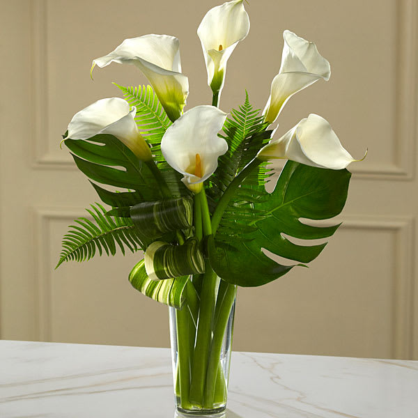 White calla lilies arranged in a clear glass vase