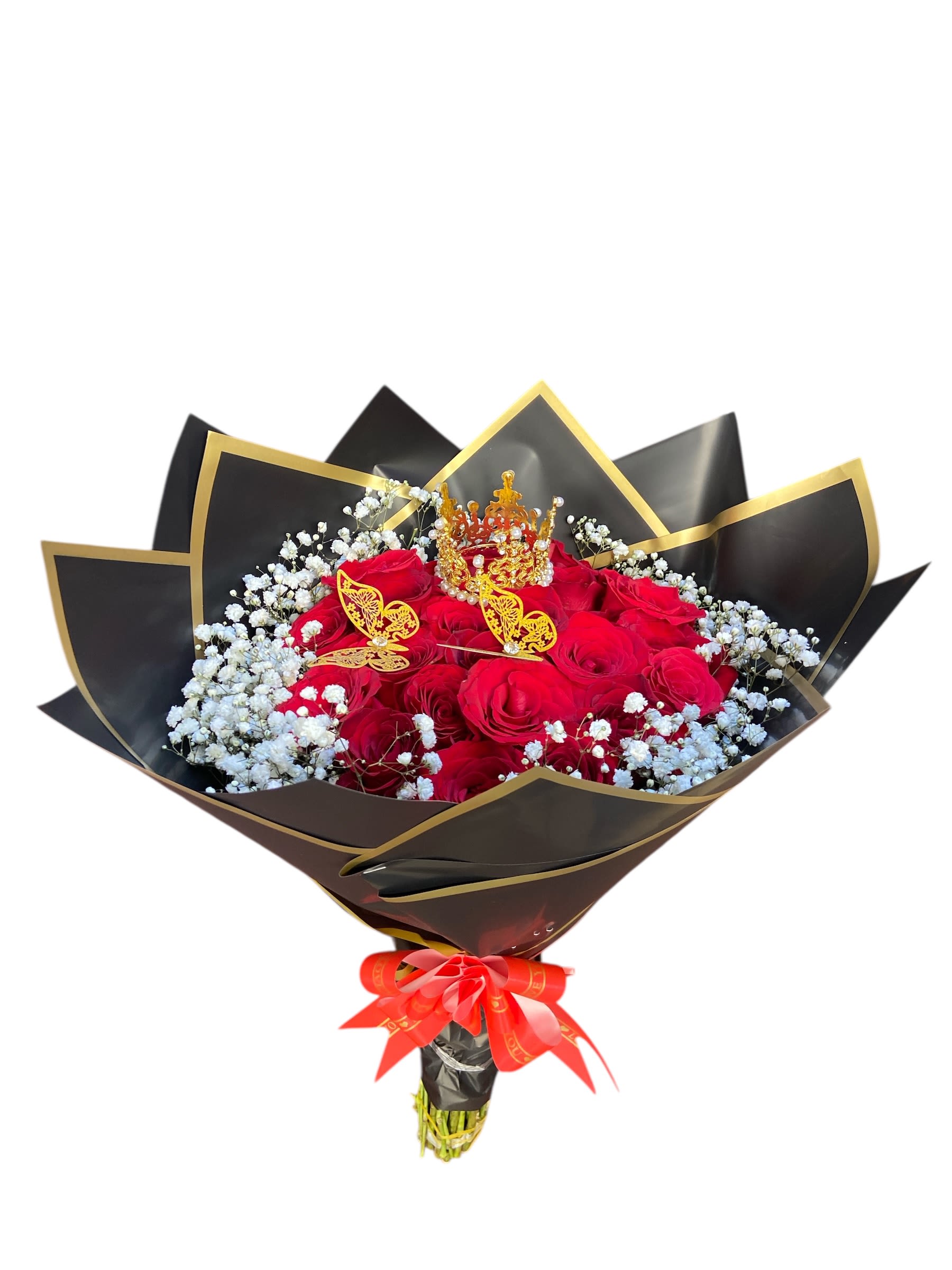 Red rose bouquet with white baby's breath in black and gold wrap
