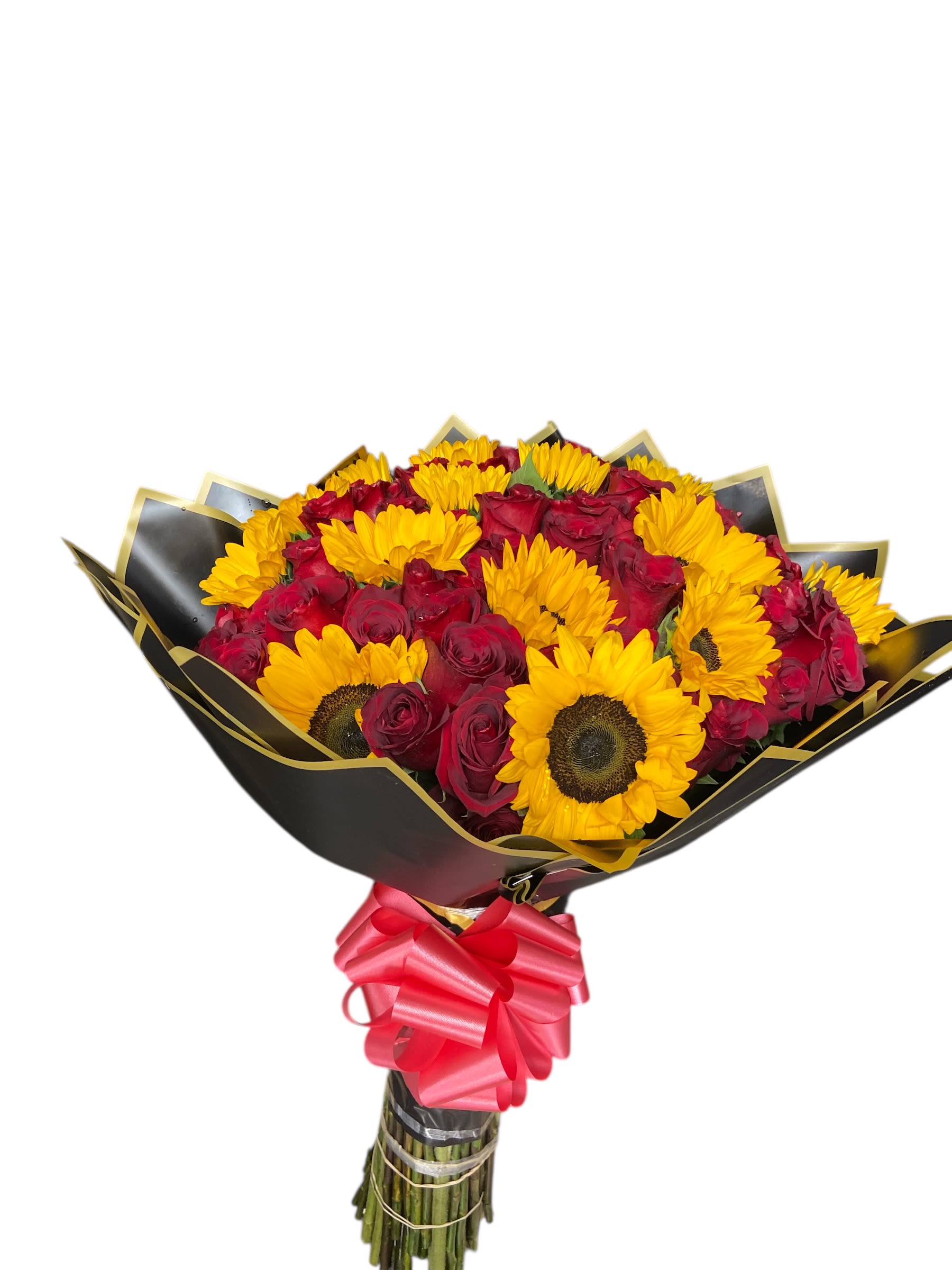 Bouquet of red roses and yellow sunflowers wrapped in black paper with a pink bow