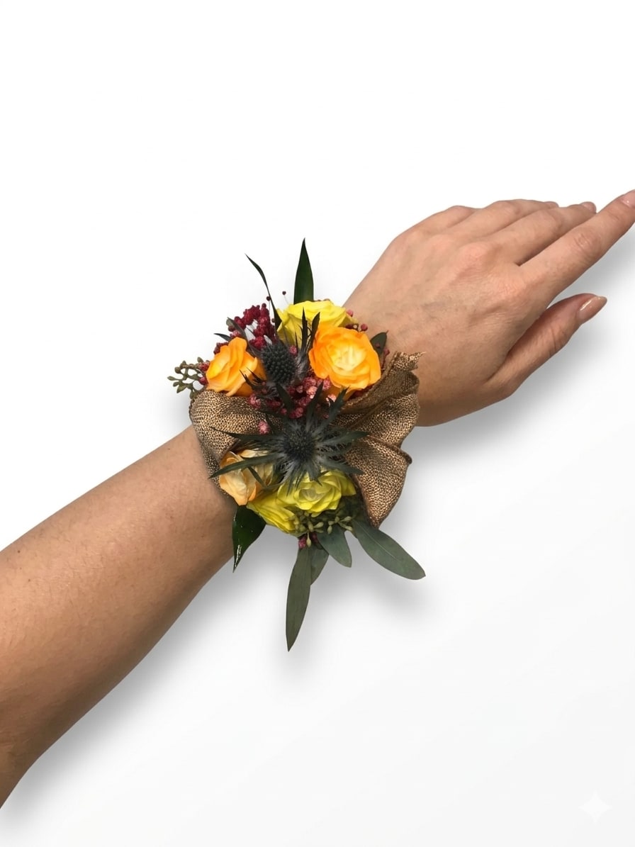 Botanical corsage  - A rustic-chic wrist arrangement featuring warm orange and yellow roses, dramatic blue thistles, and deep Burgundy baby's breath accented with a texture-rich burlap bow. This unique piece combines garden charm with touches of untamed natural beauty, all set against soft green eucalyptus and dark leaves