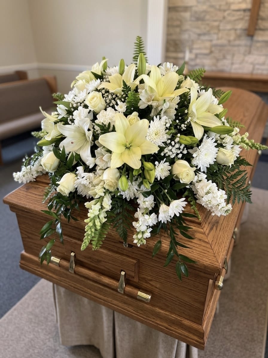 Our Beloved  - White lilies, roses and chrysanthemums arranged in a low, elegant casket spray with soft greenery-serene, traditional sympathy tribute for a respectful farewell.
