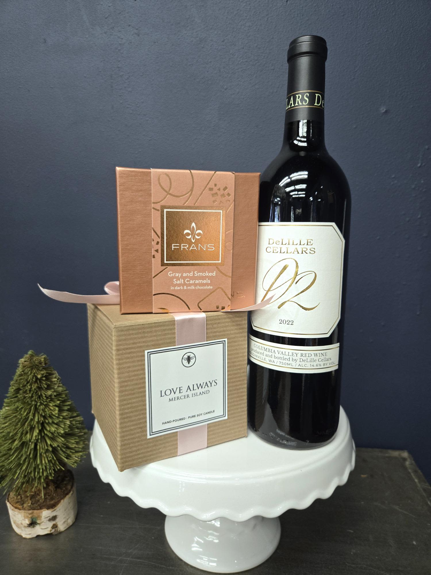 Love Bundle - Send hugs and kisses with the help of DeLille Cellars, Fran's Gray and Smoked Salt Caramels in dark and milk chocolates, and our Love Always Candle.   D2 is a red blend, and pairs beautifully with the favorite Fran's caramels. The Love Always candle is a soy wax with leather, tea, &amp; pomegranate scent. Candle has 60 hrs of burn time. 