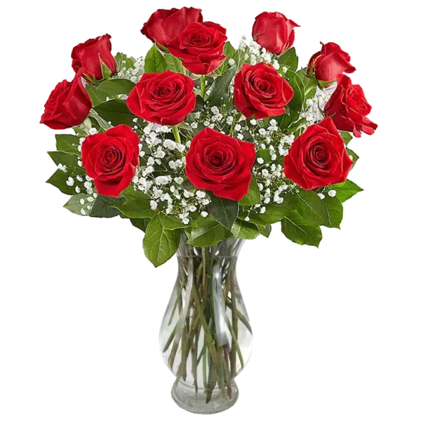 Red roses arranged in a clear glass vase with white baby's breath