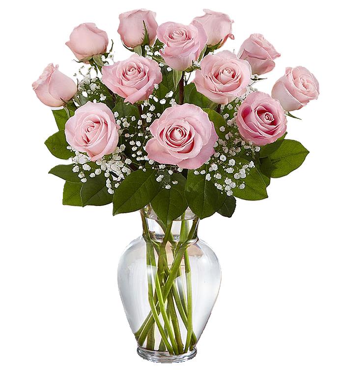 Pink roses arranged in a clear glass vase with baby's breath
