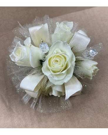 Wrist Corsage - Ivory &amp; White - Wrist corsage with ivory ribbon/tulle and white baby roses