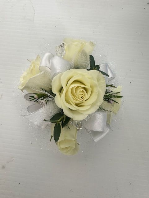 Wrist Corsage - White &amp; White - Wrist corsage with white ribbon/tulle and white baby roses