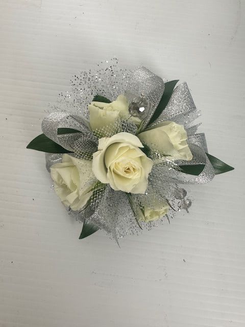 Wrist Corsage - Silver &amp; White - Wrist corsage with silver ribbon/tulle and white baby roses