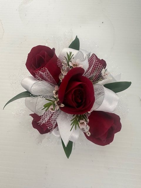 Wrist Corsage - White &amp; Red - Wrist corsage with white ribbon/tulle and red baby roses