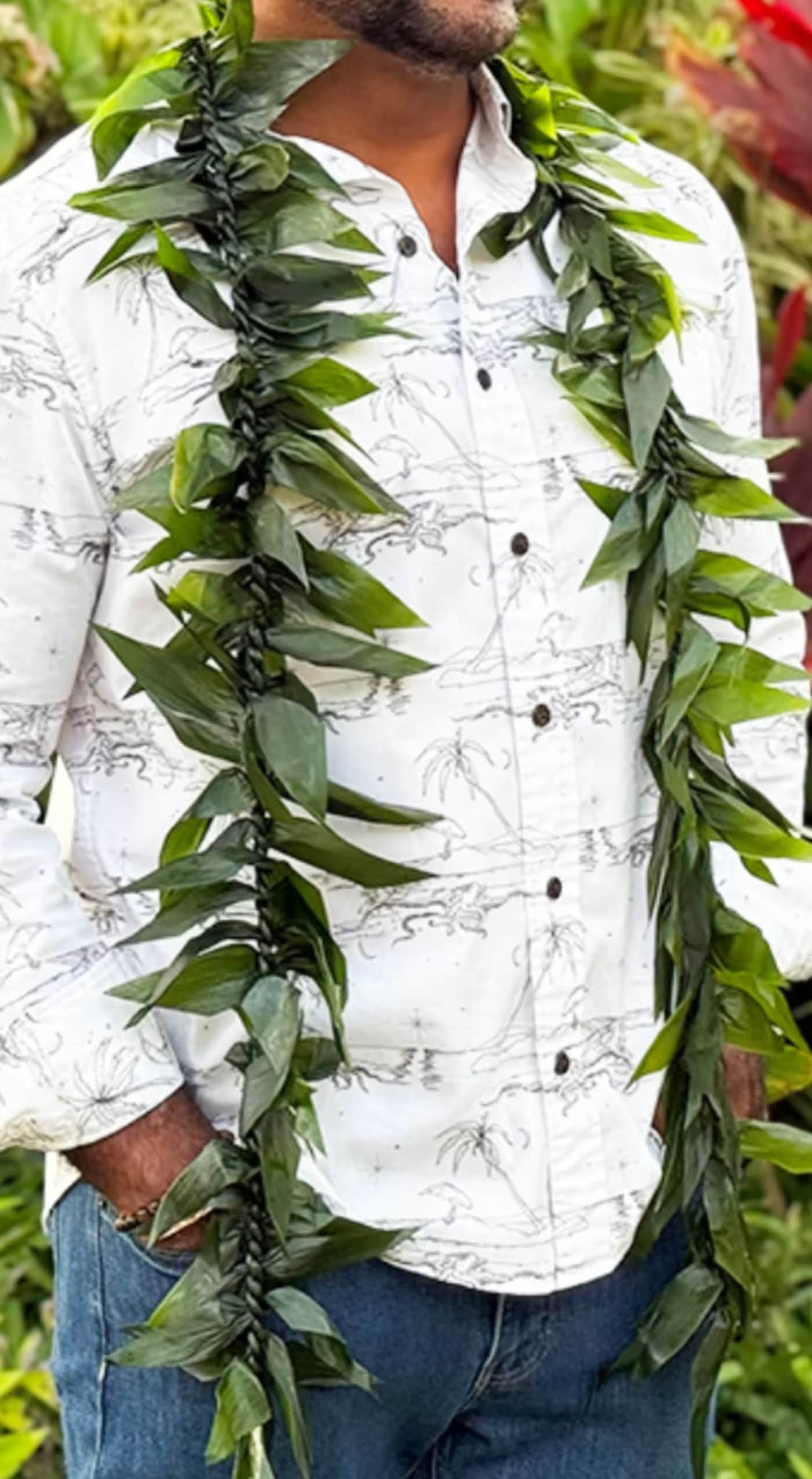 Lei - Mele - A lush, layered leaf lei that feels both ceremonial and celebratory-perfect as a welcome garland or for graduation and honoring moments. This mele lei, a green and white-accented foliage accessory, reads like a tropical embrace that will make the person you're thinking of feel warmly received and truly seen.  Crafted from tightly layered pointed leaves for a dense, textural look, the lei sits comfortably around the neck as a long garland with a fresh, natural scent and resilient structure. Its predominantly green palette with touches of white and blue tones gives a crisp, island-inspired aesthetic that pairs beautifully with casual aloha wear or more formal presentation attire.  Choose this lei to mark graduations, welcoming ceremonies, cultural celebrations, or any occasion where you want to honor someone with tradition and beauty. Worn immediately on arrival, it needs no extra care-keep it cool and mist lightly if you need to store it briefly before presenting to preserve freshness.