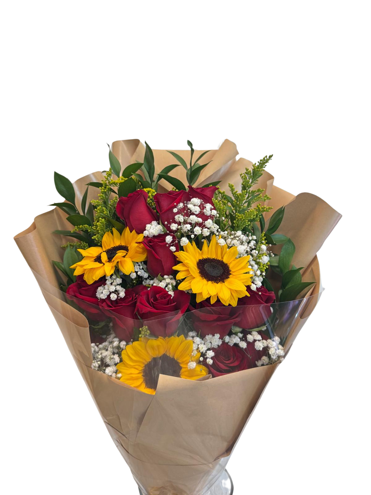12 Red roses with 3 sunflowers. - BOUQUET RED 12 ROUSES WITH 3 SUN FLOWERS 